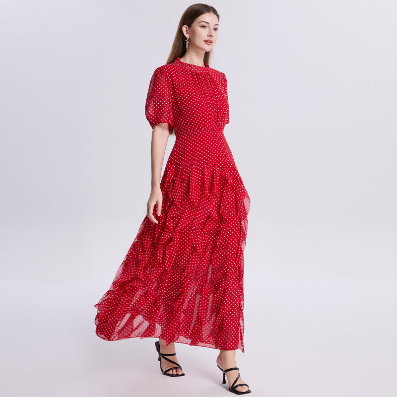CM-DY073408 Women Elegant European Style Round Neck Short Sleeve Elastic Waist Mermaid Dress - Red