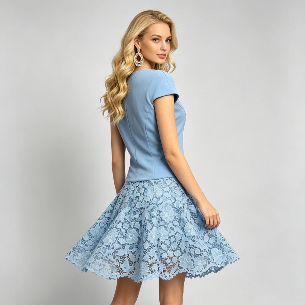 CM-DY073514 Women Elegant European Style Round Neck Cap Sleeve Lace Short A-Line Dress - Blue