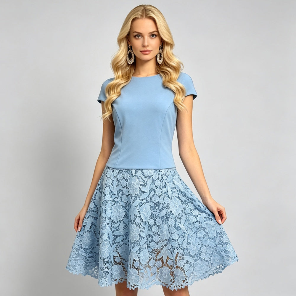 CM-DY073514 Women Elegant European Style Round Neck Cap Sleeve Lace Short A-Line Dress - Blue