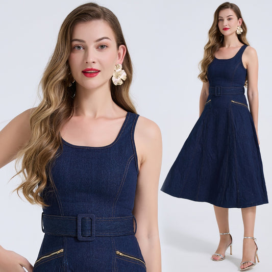 CM-DY073515 Women Elegant European Style Square NeckSleeveless High Waist Mid-Length Dress - Blue