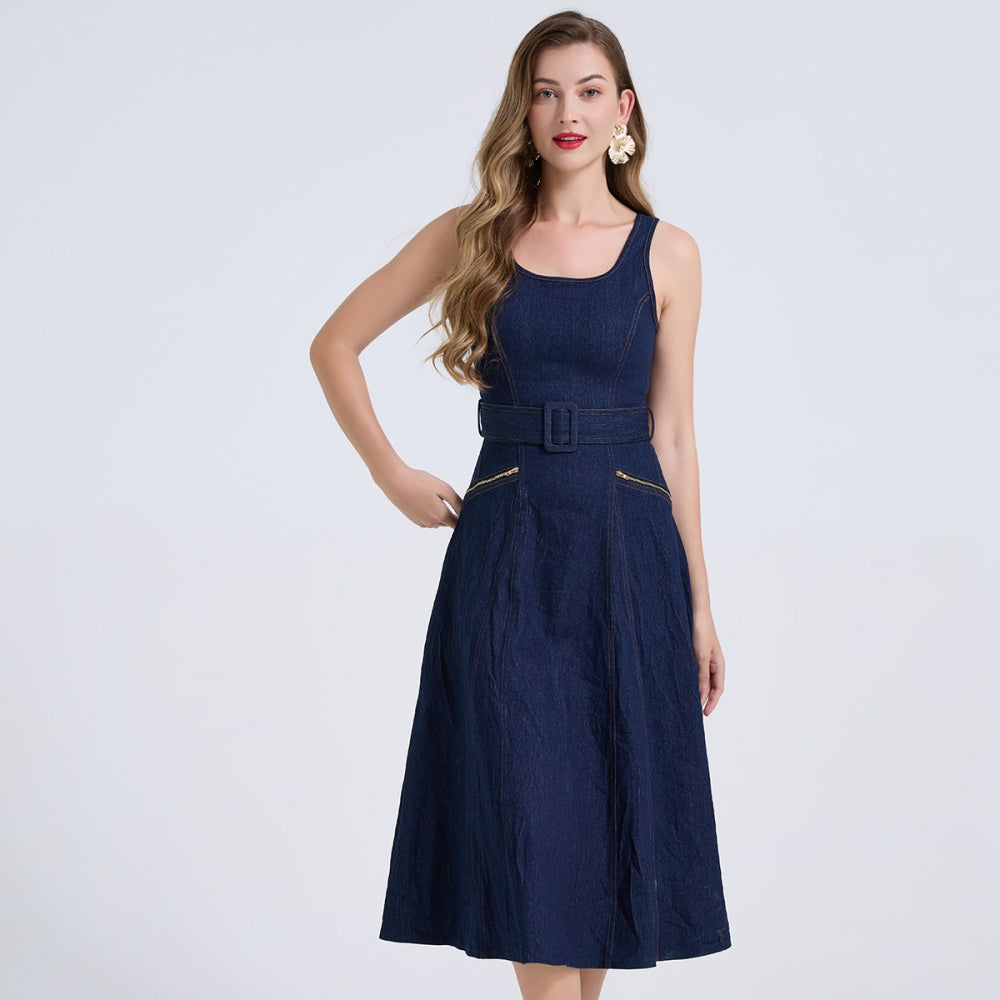CM-DY073515 Women Elegant European Style Square NeckSleeveless High Waist Mid-Length Dress - Blue