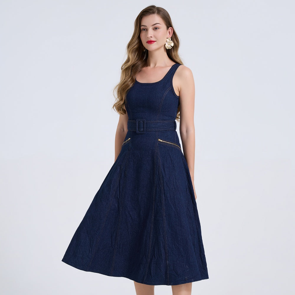 CM-DY073515 Women Elegant European Style Square NeckSleeveless High Waist Mid-Length Dress - Blue