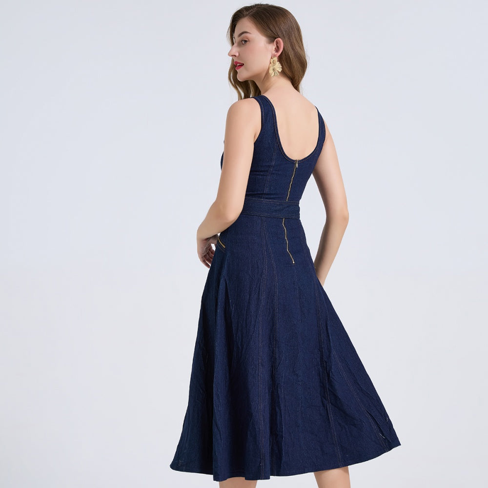 CM-DY073515 Women Elegant European Style Square NeckSleeveless High Waist Mid-Length Dress - Blue