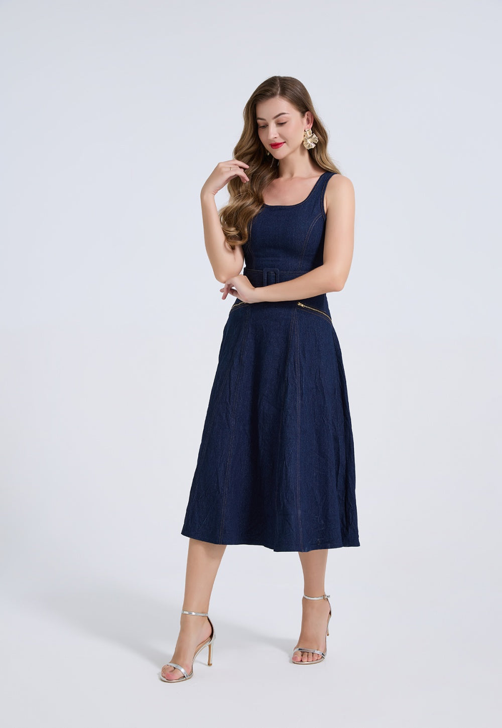 CM-DY073515 Women Elegant European Style Square NeckSleeveless High Waist Mid-Length Dress - Blue