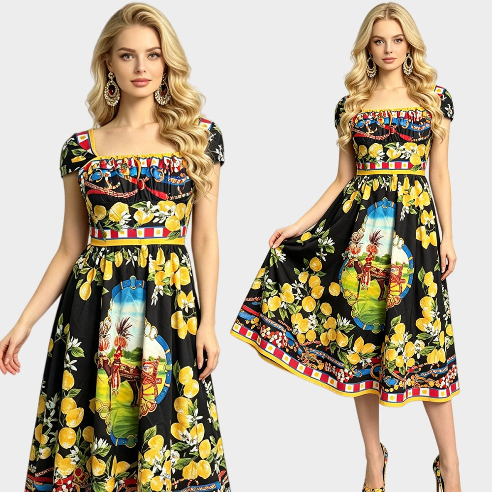 CM-DY073517 Women Elegant European Style Square Collar Short Sleeve A-Line Midi Dress - Black