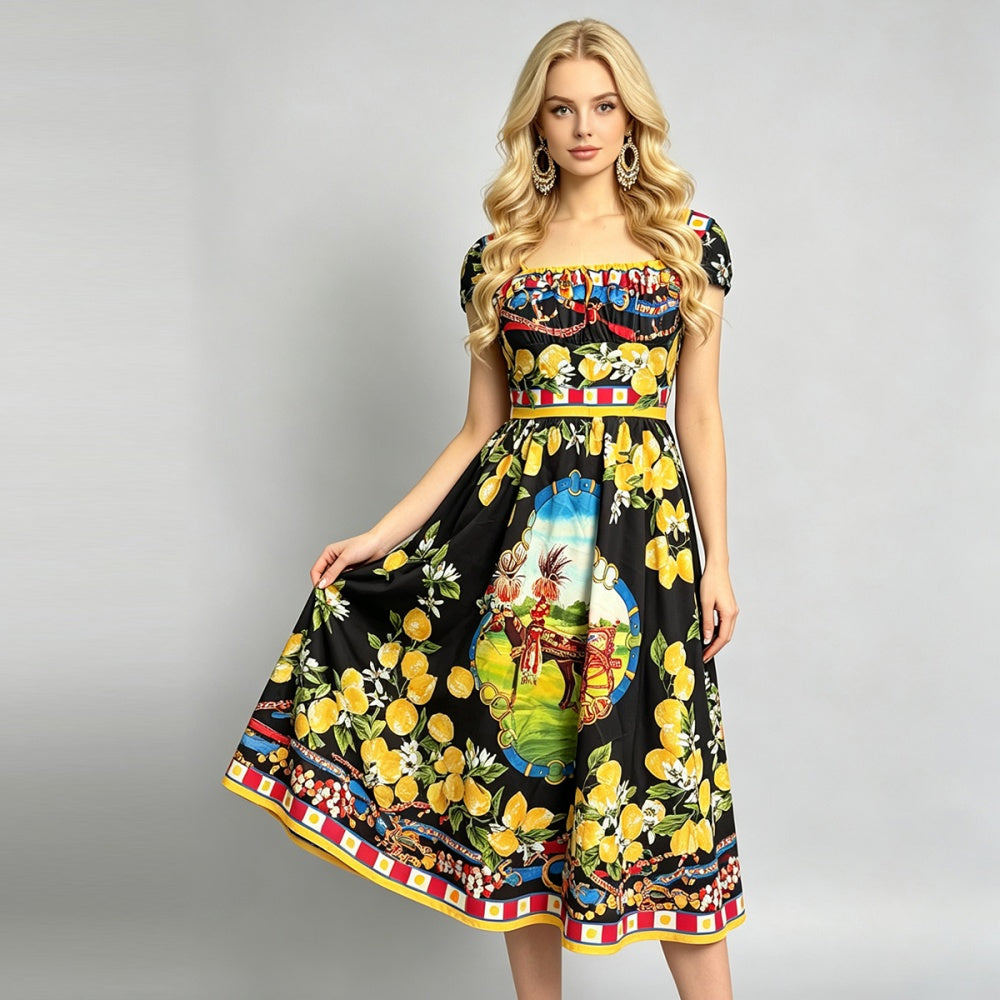 CM-DY073517 Women Elegant European Style Square Collar Short Sleeve A-Line Midi Dress - Black
