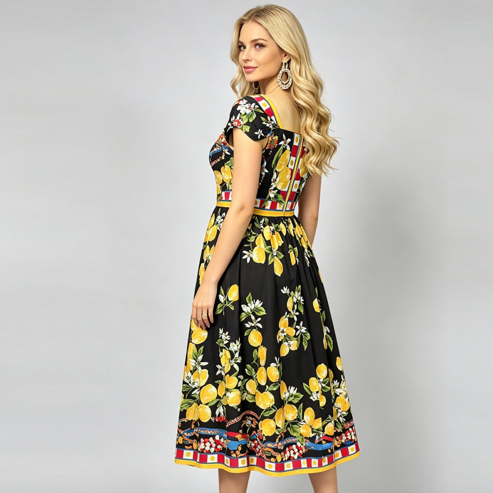 CM-DY073517 Women Elegant European Style Square Collar Short Sleeve A-Line Midi Dress - Black
