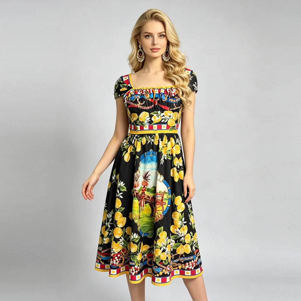 CM-DY073517 Women Elegant European Style Square Collar Short Sleeve A-Line Midi Dress - Black