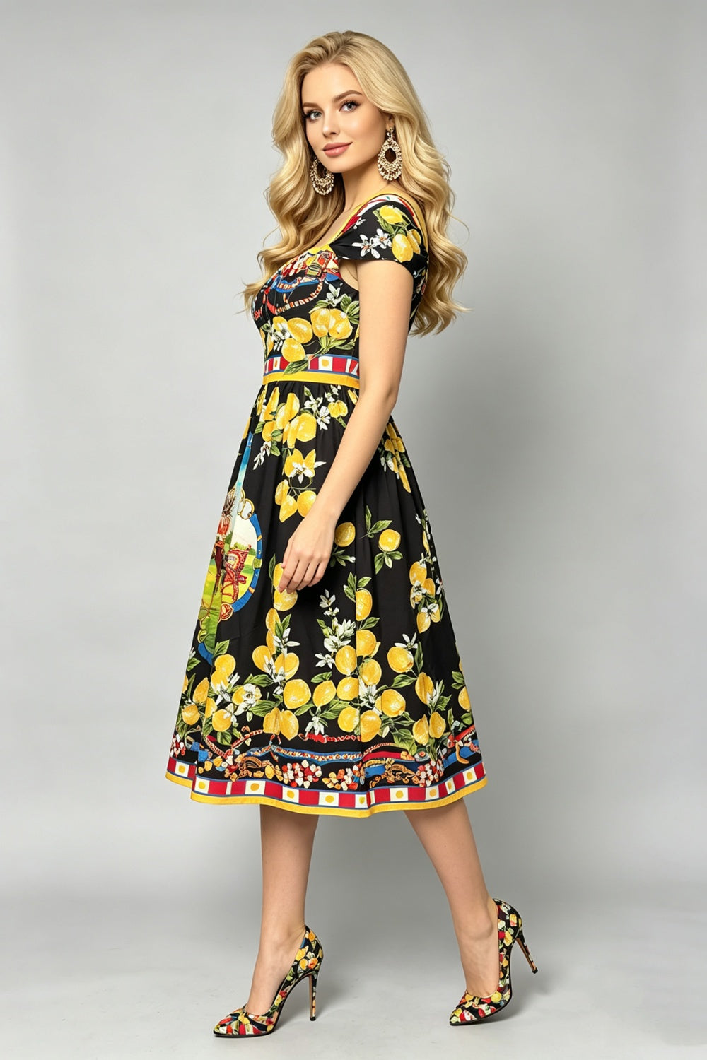 CM-DY073517 Women Elegant European Style Square Collar Short Sleeve A-Line Midi Dress - Black
