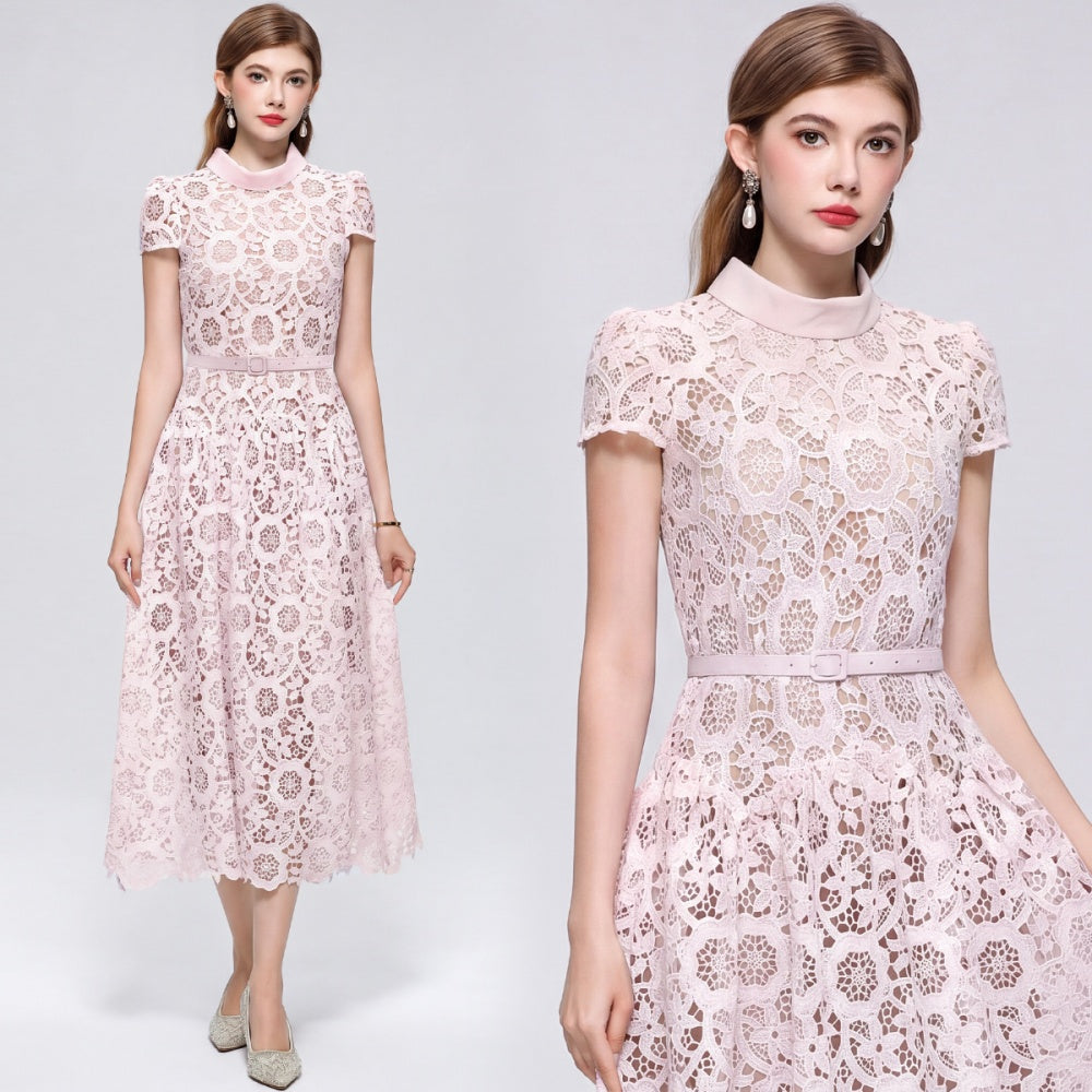 CM-DY073716 Women Elegant European Style Round Neck Short Sleeve Lace Hollow Out Mid-Length Dress - Pink