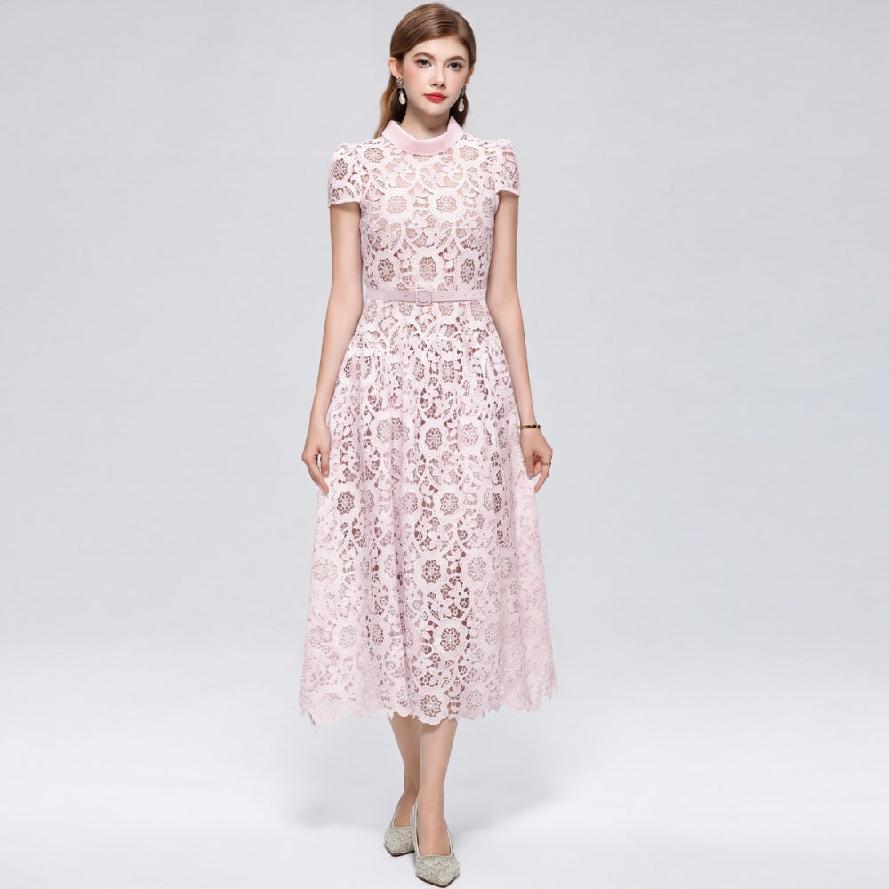 CM-DY073716 Women Elegant European Style Round Neck Short Sleeve Lace Hollow Out Mid-Length Dress - Pink