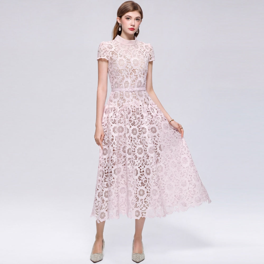 CM-DY073716 Women Elegant European Style Round Neck Short Sleeve Lace Hollow Out Mid-Length Dress - Pink