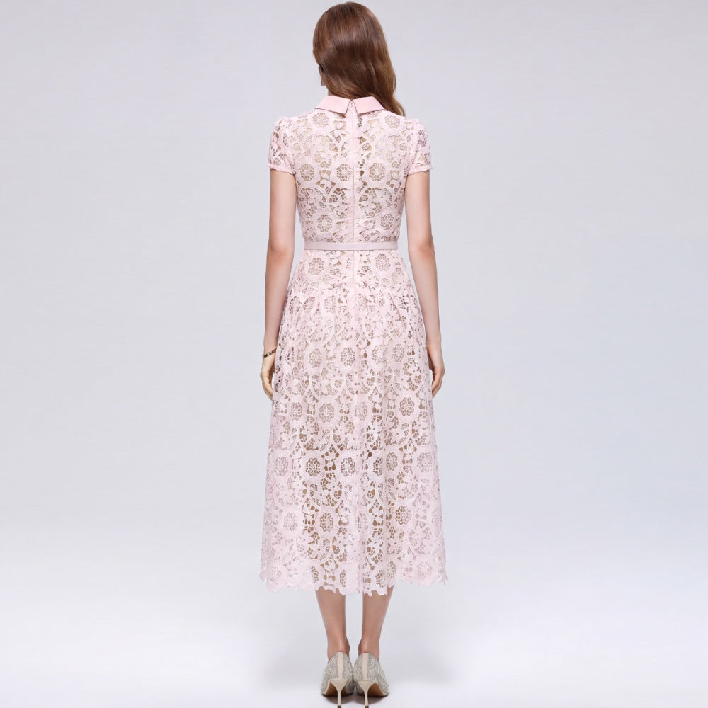 CM-DY073716 Women Elegant European Style Round Neck Short Sleeve Lace Hollow Out Mid-Length Dress - Pink