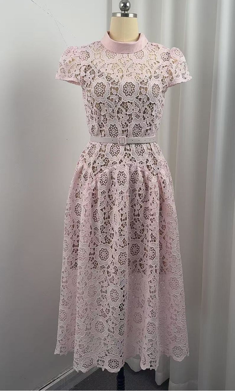 CM-DY073716 Women Elegant European Style Round Neck Short Sleeve Lace Hollow Out Mid-Length Dress - Pink
