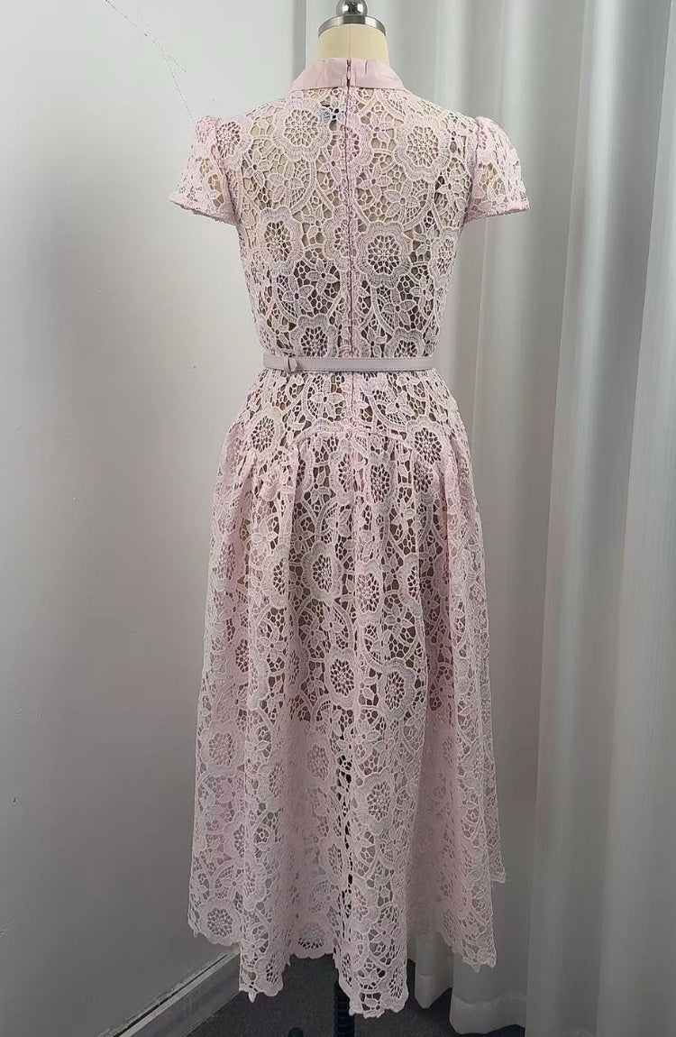 CM-DY073716 Women Elegant European Style Round Neck Short Sleeve Lace Hollow Out Mid-Length Dress - Pink