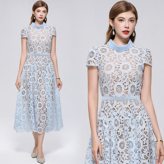 CM-DY073717 Women Elegant European Style Round Neck Short Sleeve Lace Hollow Out Mid-Length Dress - Blue