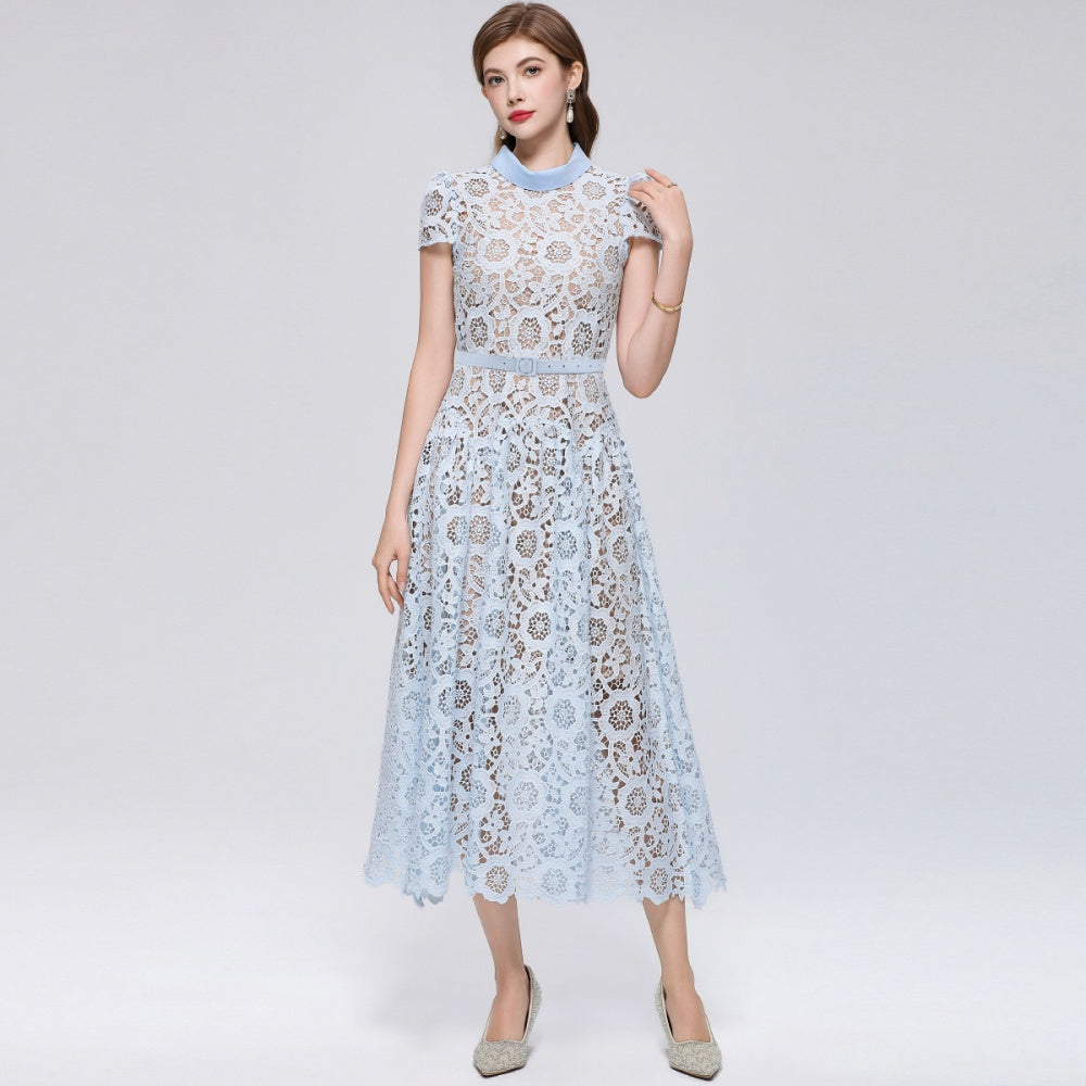 CM-DY073717 Women Elegant European Style Round Neck Short Sleeve Lace Hollow Out Mid-Length Dress - Blue