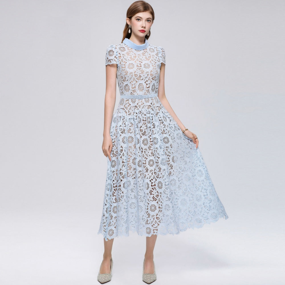 CM-DY073717 Women Elegant European Style Round Neck Short Sleeve Lace Hollow Out Mid-Length Dress - Blue