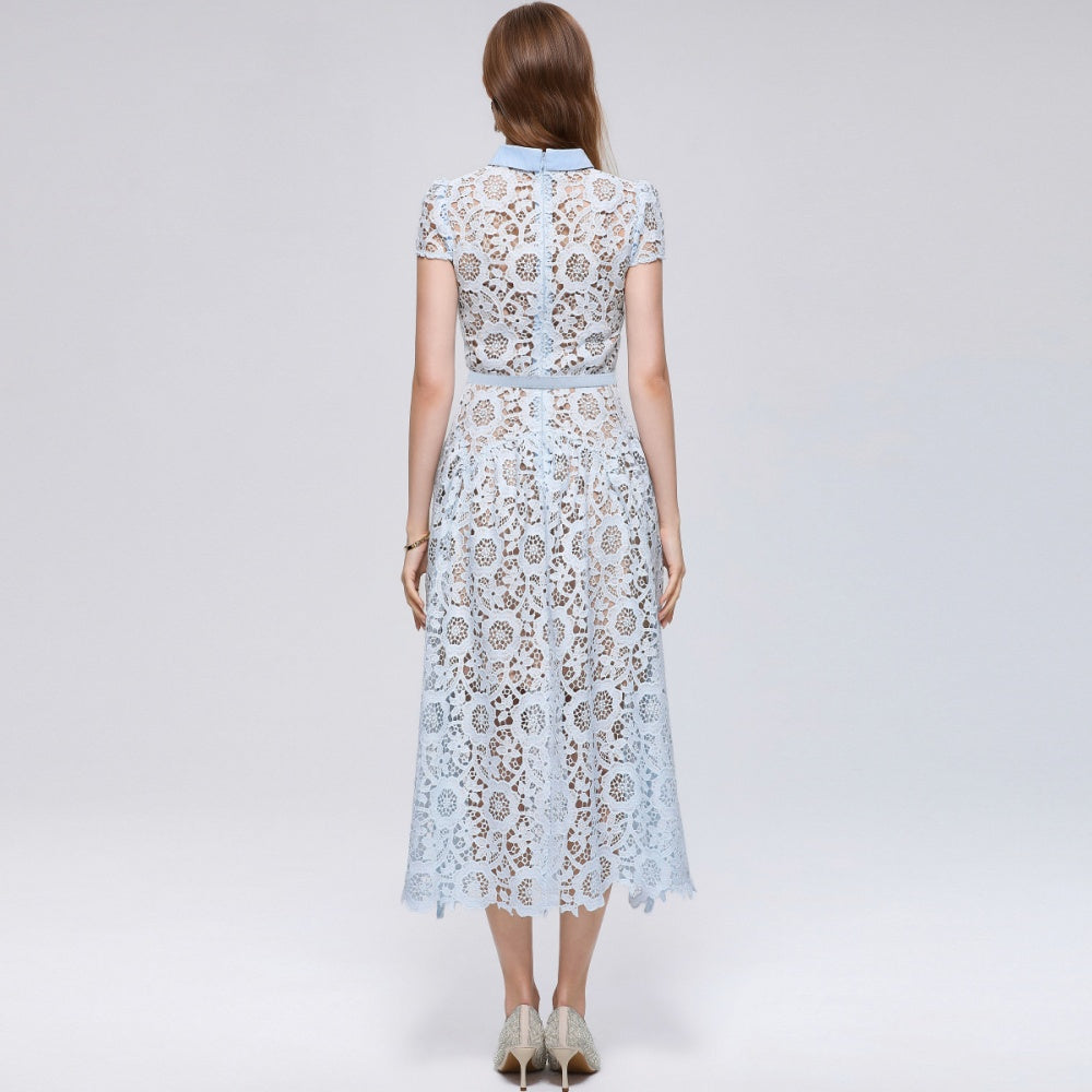 CM-DY073717 Women Elegant European Style Round Neck Short Sleeve Lace Hollow Out Mid-Length Dress - Blue
