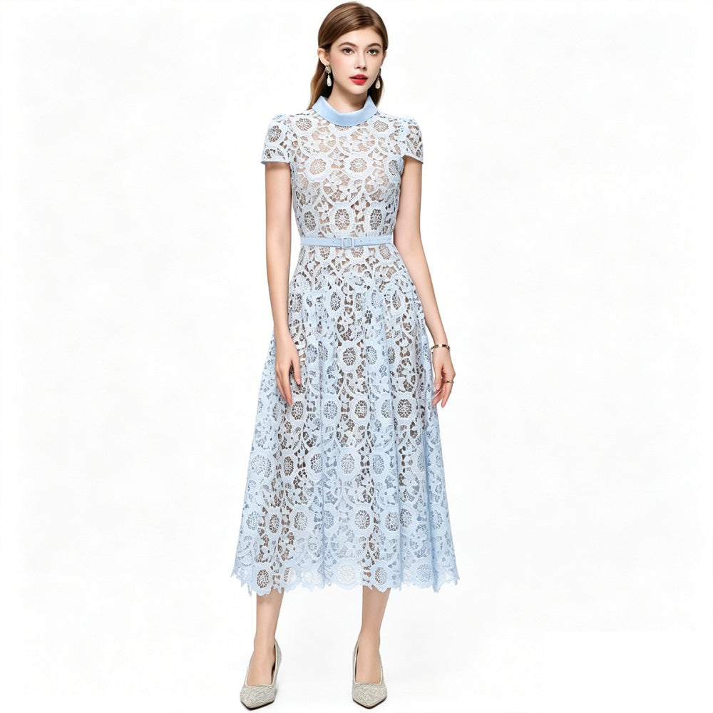 CM-DY073717 Women Elegant European Style Round Neck Short Sleeve Lace Hollow Out Mid-Length Dress - Blue