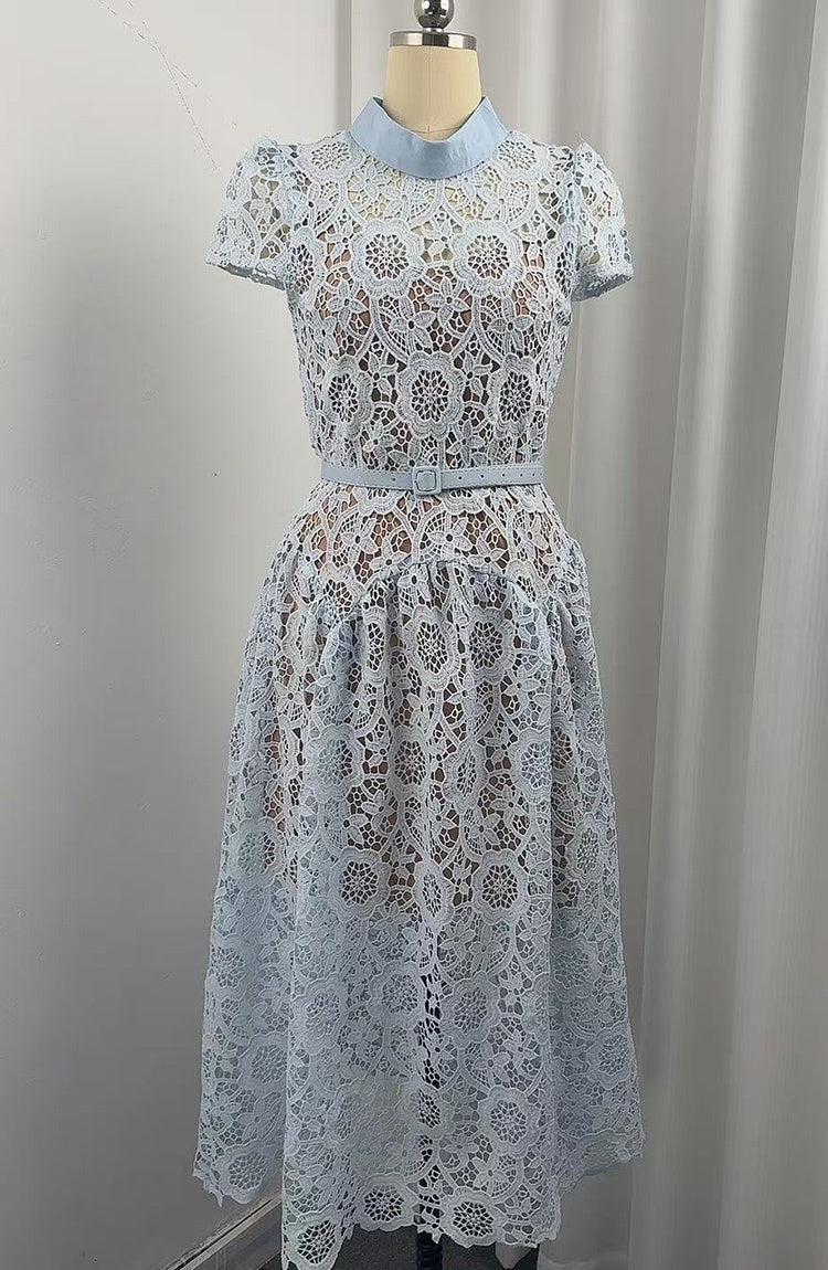 CM-DY073717 Women Elegant European Style Round Neck Short Sleeve Lace Hollow Out Mid-Length Dress - Blue