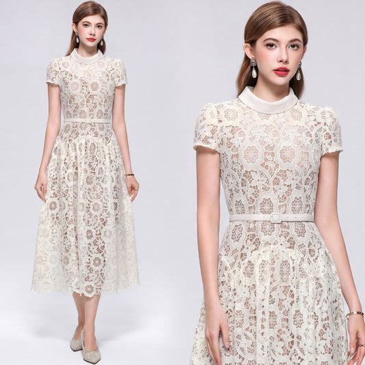 CM-DY073718 Women Elegant European Style Round Neck Short Sleeve Lace Hollow Out Mid-Length Dress - Apricot