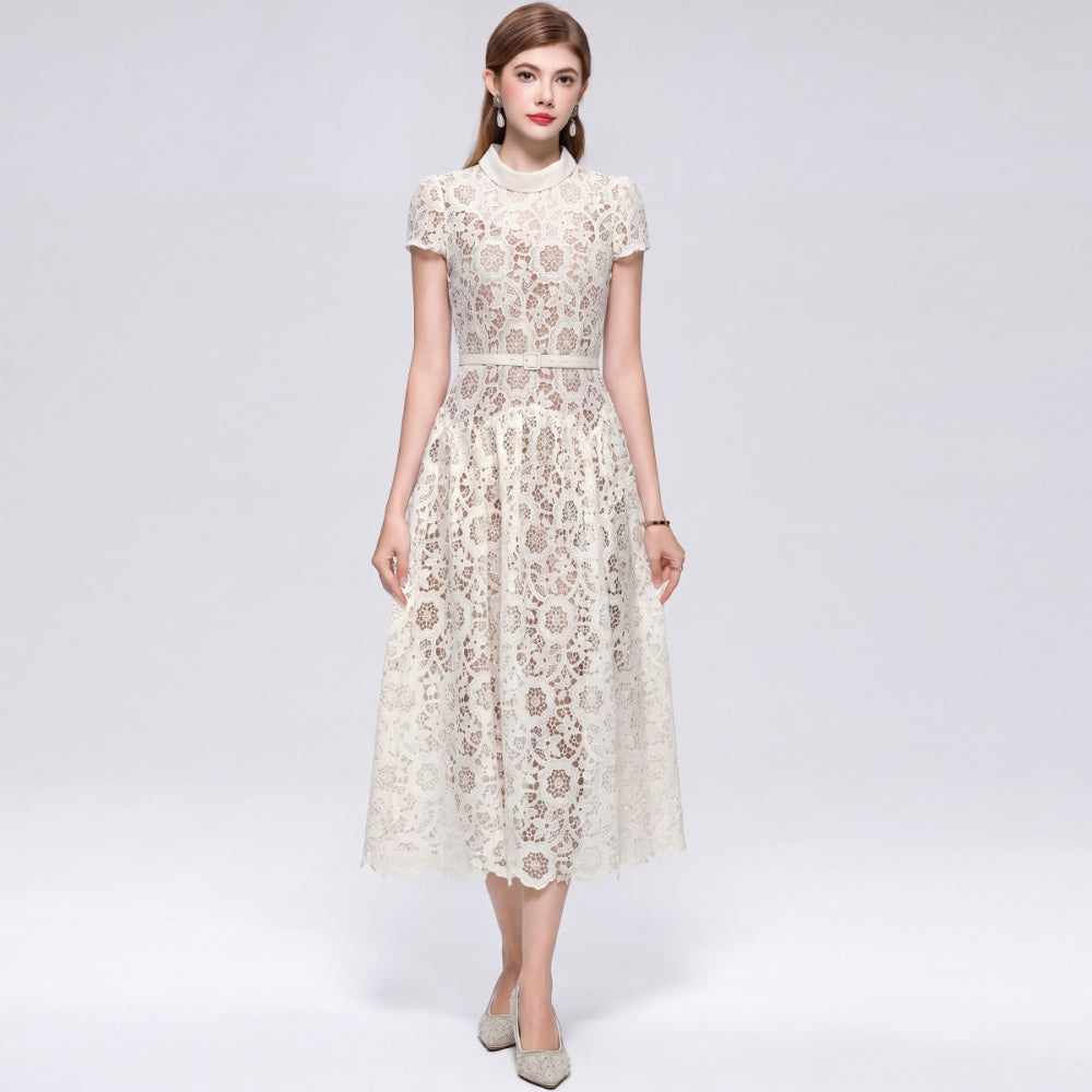 CM-DY073718 Women Elegant European Style Round Neck Short Sleeve Lace Hollow Out Mid-Length Dress - Apricot