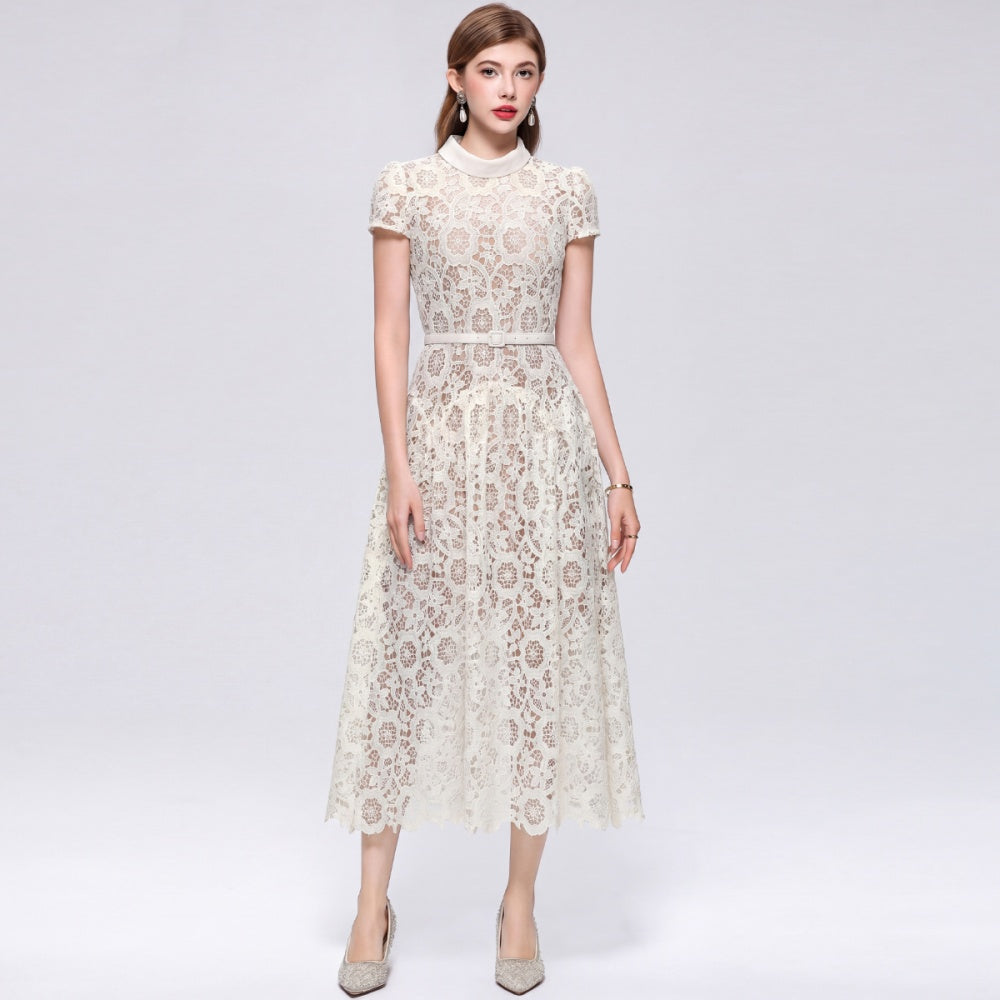 CM-DY073718 Women Elegant European Style Round Neck Short Sleeve Lace Hollow Out Mid-Length Dress - Apricot