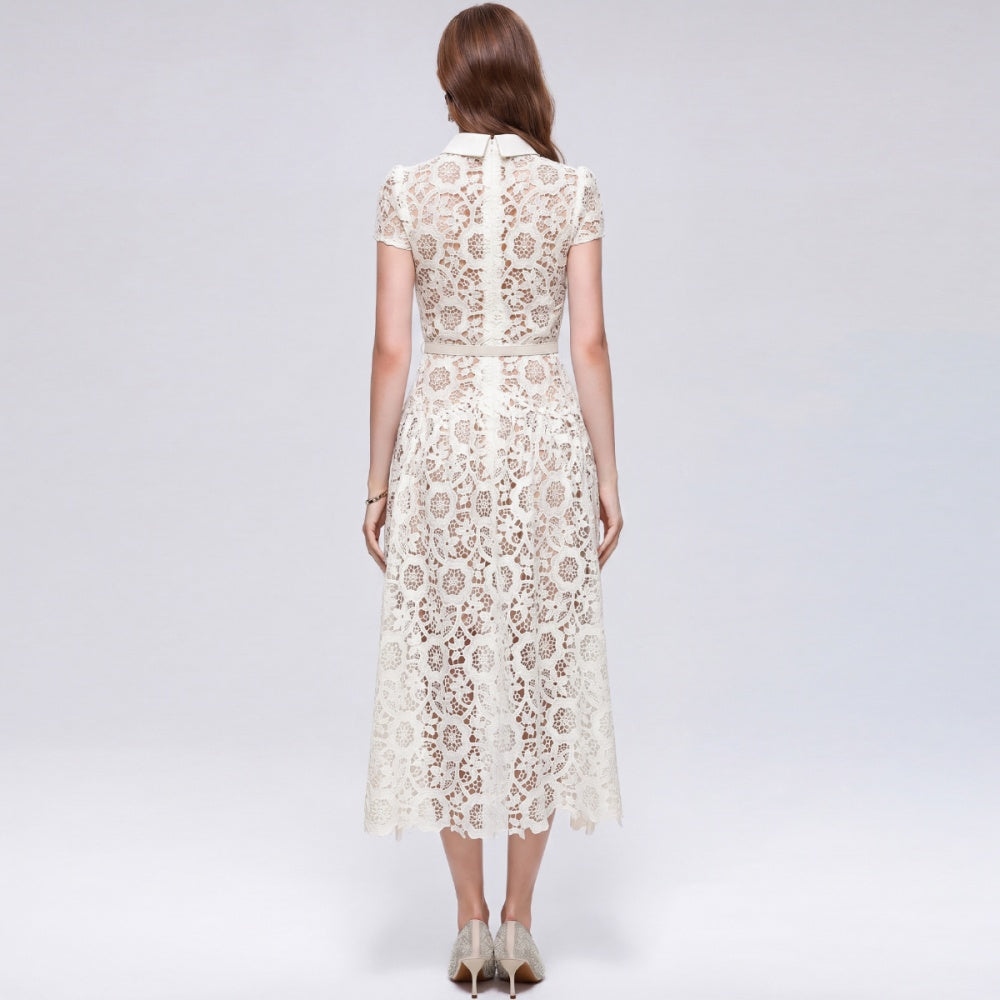 CM-DY073718 Women Elegant European Style Round Neck Short Sleeve Lace Hollow Out Mid-Length Dress - Apricot