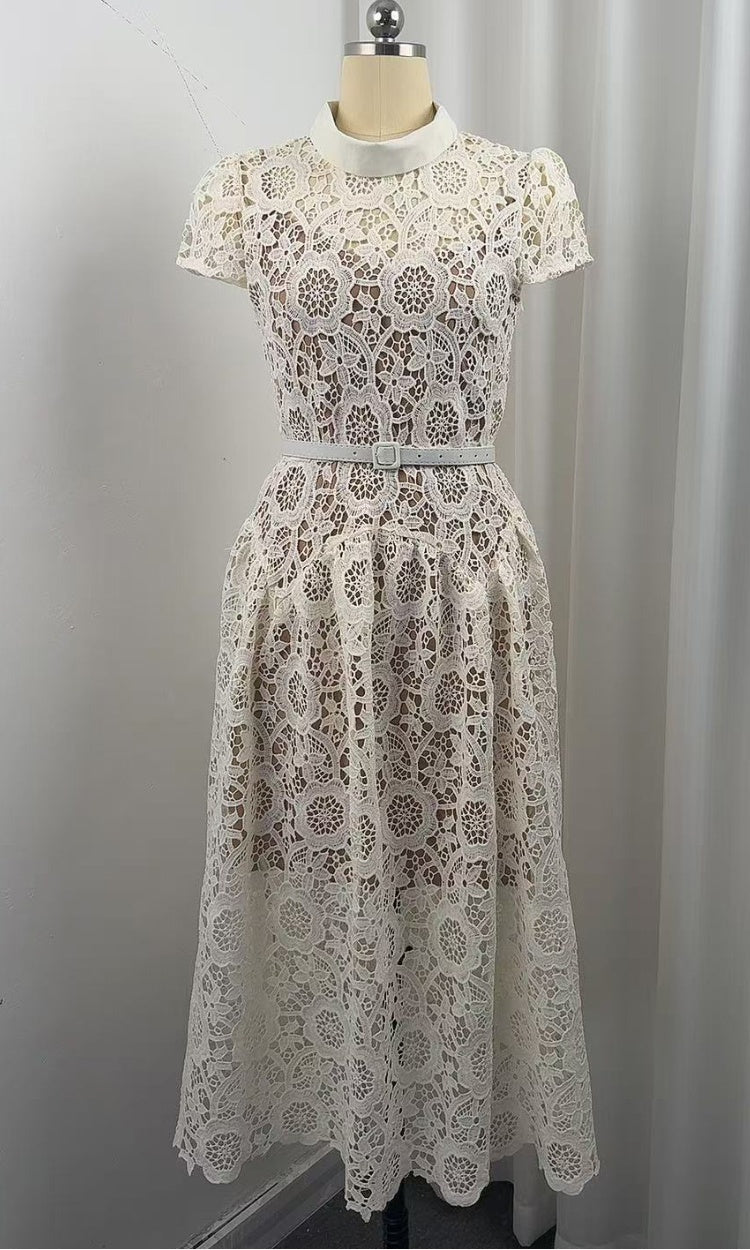 CM-DY073718 Women Elegant European Style Round Neck Short Sleeve Lace Hollow Out Mid-Length Dress - Apricot