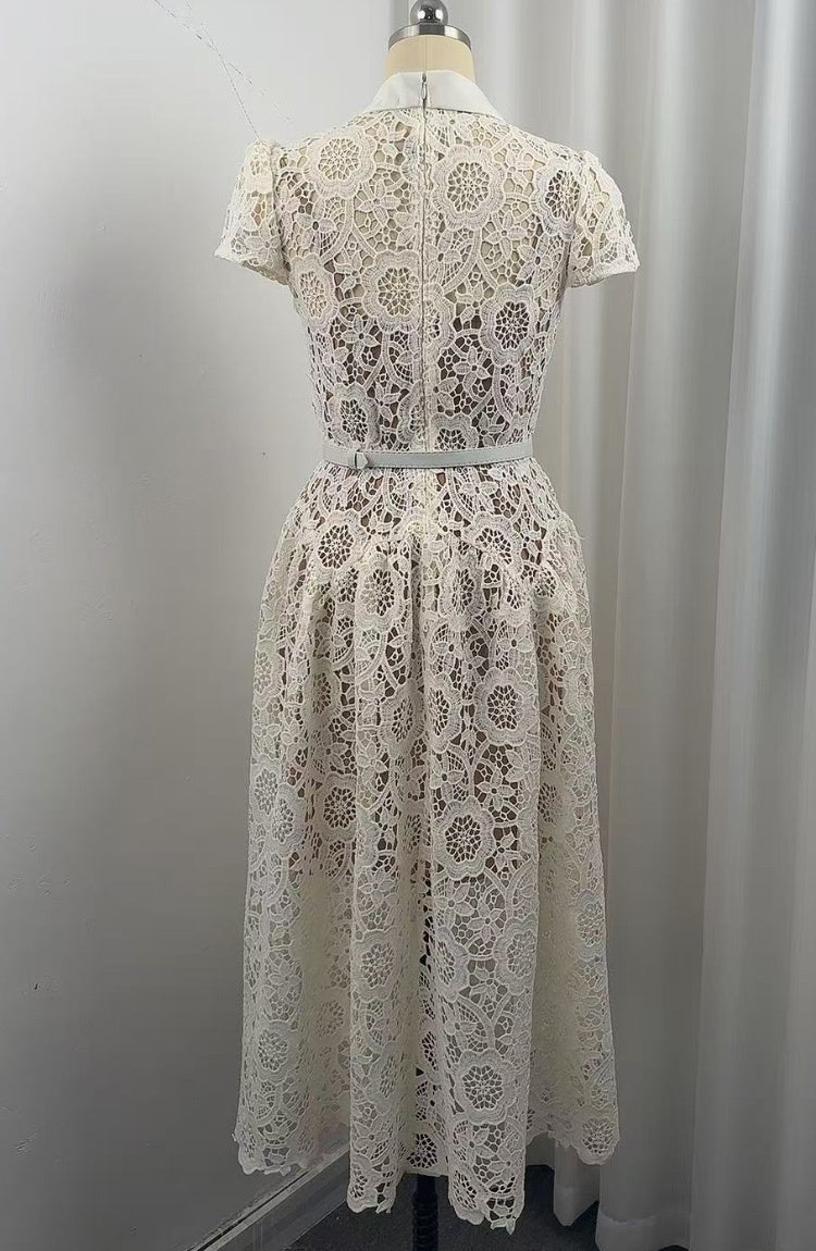 CM-DY073718 Women Elegant European Style Round Neck Short Sleeve Lace Hollow Out Mid-Length Dress - Apricot