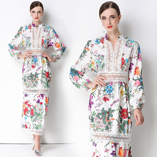 CM-DY073727 Women Elegant European Style Stand Collar Long Sleeve Lace Hollow Out Floral Print Dress - White