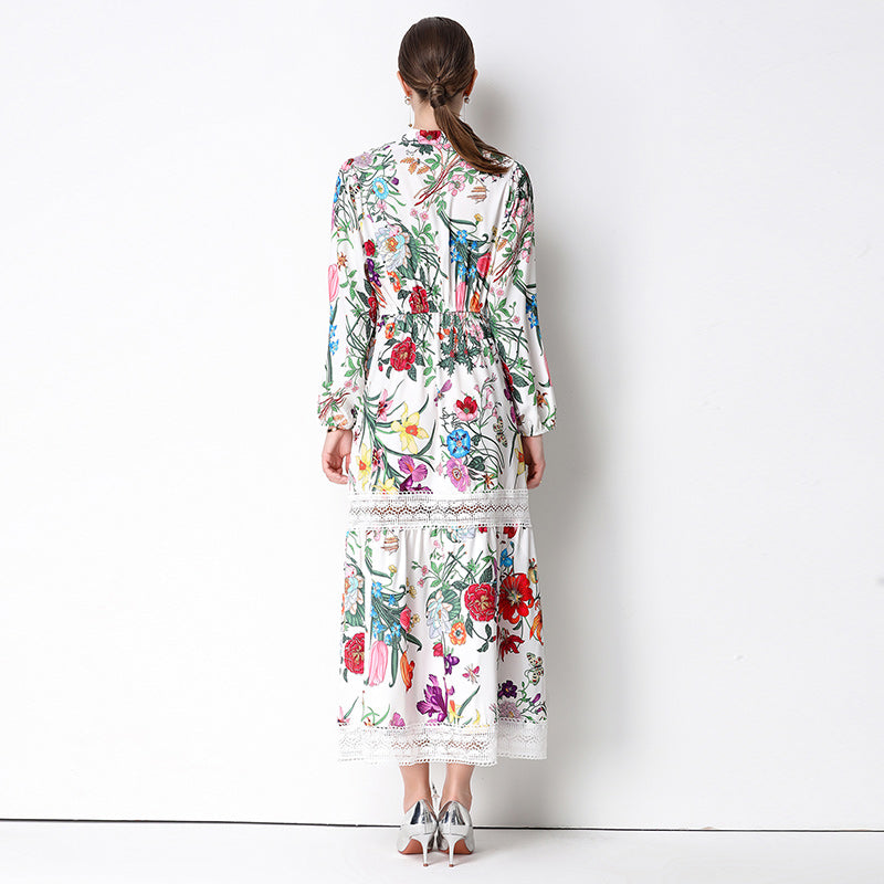 CM-DY073727 Women Elegant European Style Stand Collar Long Sleeve Lace Hollow Out Floral Print Dress - White