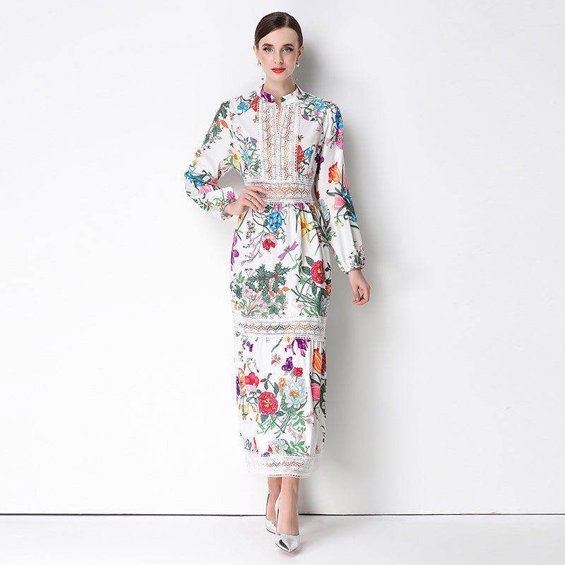 CM-DY073727 Women Elegant European Style Stand Collar Long Sleeve Lace Hollow Out Floral Print Dress - White