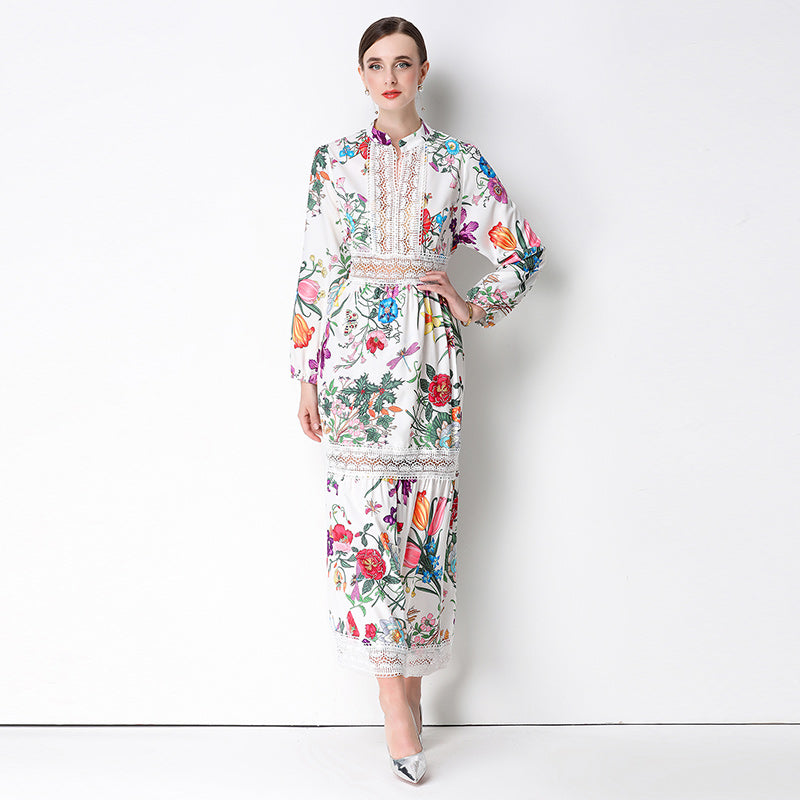 CM-DY073727 Women Elegant European Style Stand Collar Long Sleeve Lace Hollow Out Floral Print Dress - White