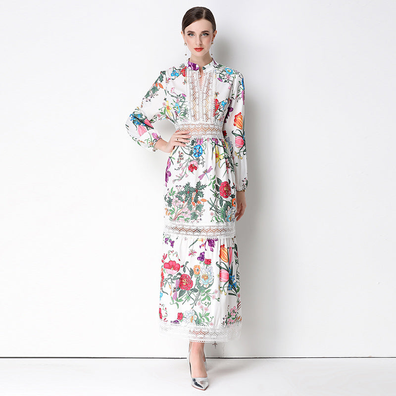 CM-DY073727 Women Elegant European Style Stand Collar Long Sleeve Lace Hollow Out Floral Print Dress - White
