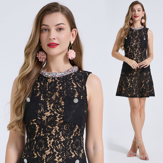 CM-DY074024 Women Elegant European Style Round Neck Sleeveless Rhinestone Diamond Lace Dress - Black