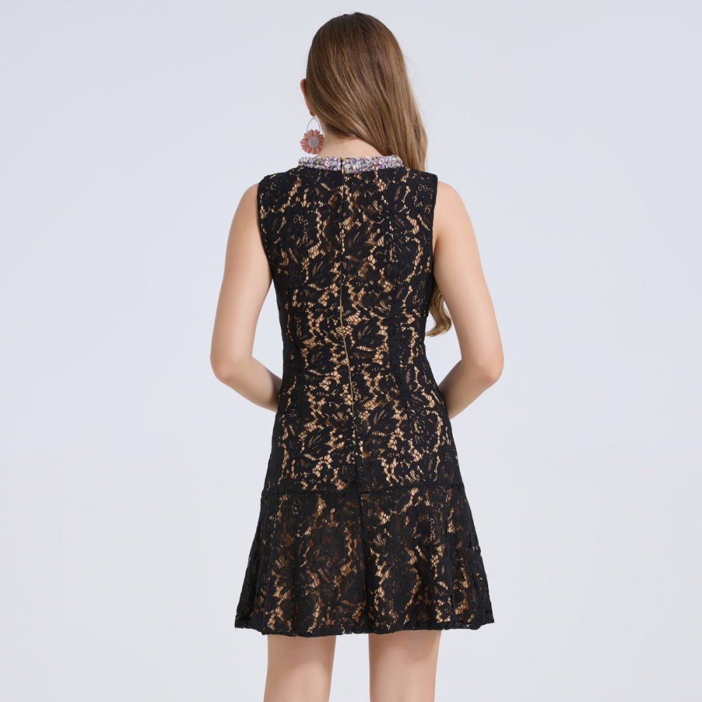 CM-DY074024 Women Elegant European Style Round Neck Sleeveless Rhinestone Diamond Lace Dress - Black
