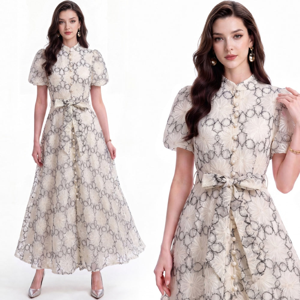 CM-DY074079 Women Elegant European Style Stand Collar Short Sleeve Single-Breasted Long Dress