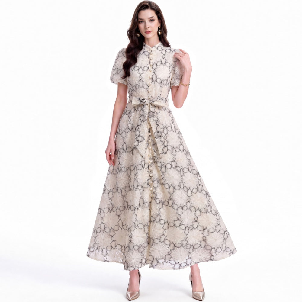 CM-DY074079 Women Elegant European Style Stand Collar Short Sleeve Single-Breasted Long Dress