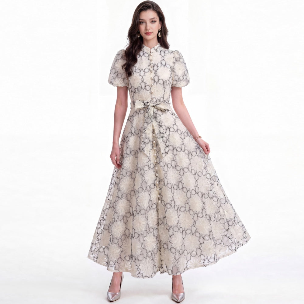 CM-DY074079 Women Elegant European Style Stand Collar Short Sleeve Single-Breasted Long Dress