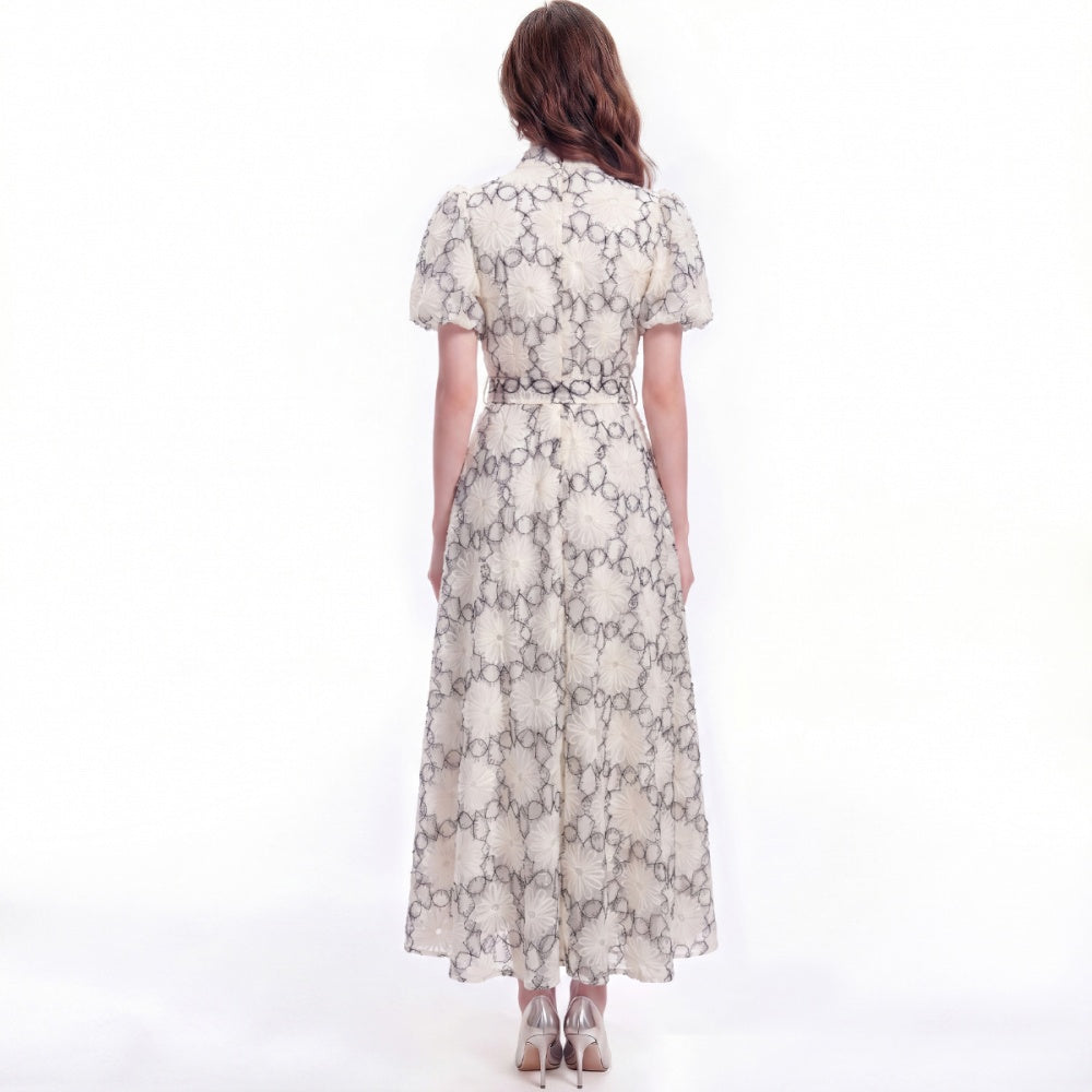 CM-DY074079 Women Elegant European Style Stand Collar Short Sleeve Single-Breasted Long Dress