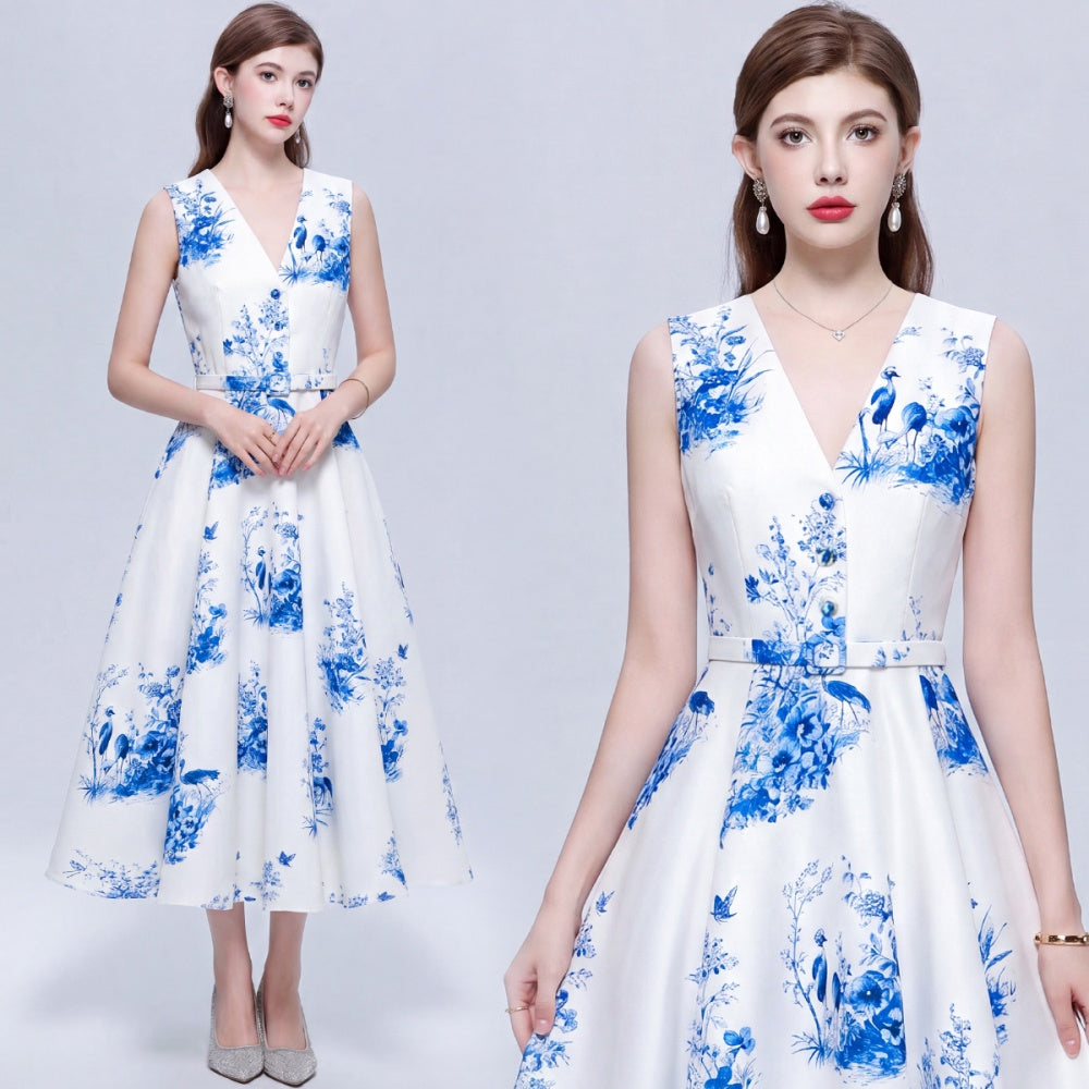 CM-DY074095 Women Elegant European Style Round Neck Sleeveless Pinched Waist Mid-Length Dress