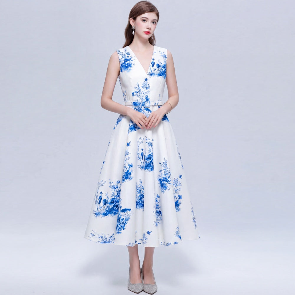 CM-DY074095 Women Elegant European Style Round Neck Sleeveless Pinched Waist Mid-Length Dress
