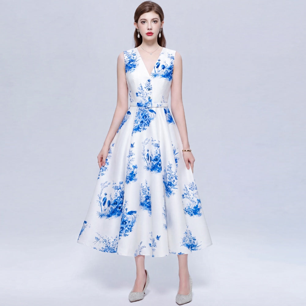 CM-DY074095 Women Elegant European Style Round Neck Sleeveless Pinched Waist Mid-Length Dress