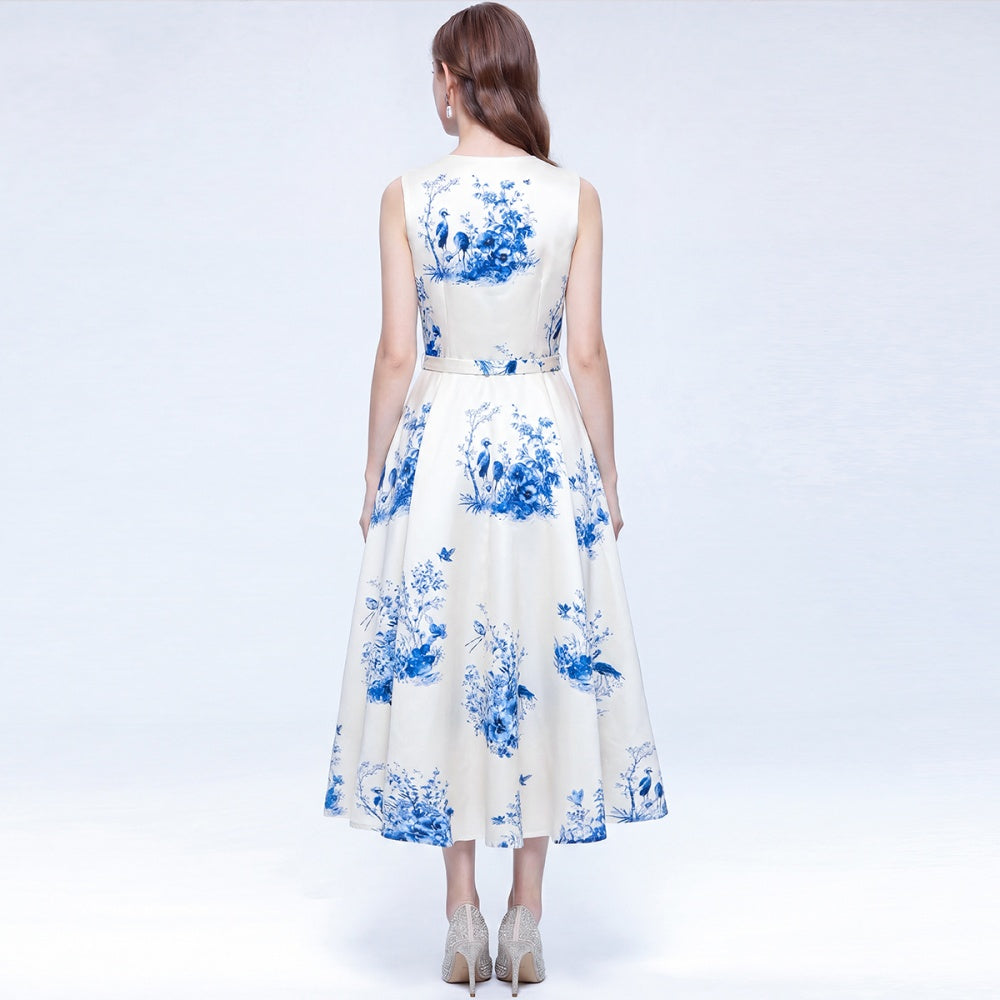CM-DY074095 Women Elegant European Style Round Neck Sleeveless Pinched Waist Mid-Length Dress