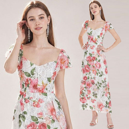 CM-DY074285 Women Elegant European Style Embroidery Square Collar Short Sleeve Floral Lace Hollow Dress