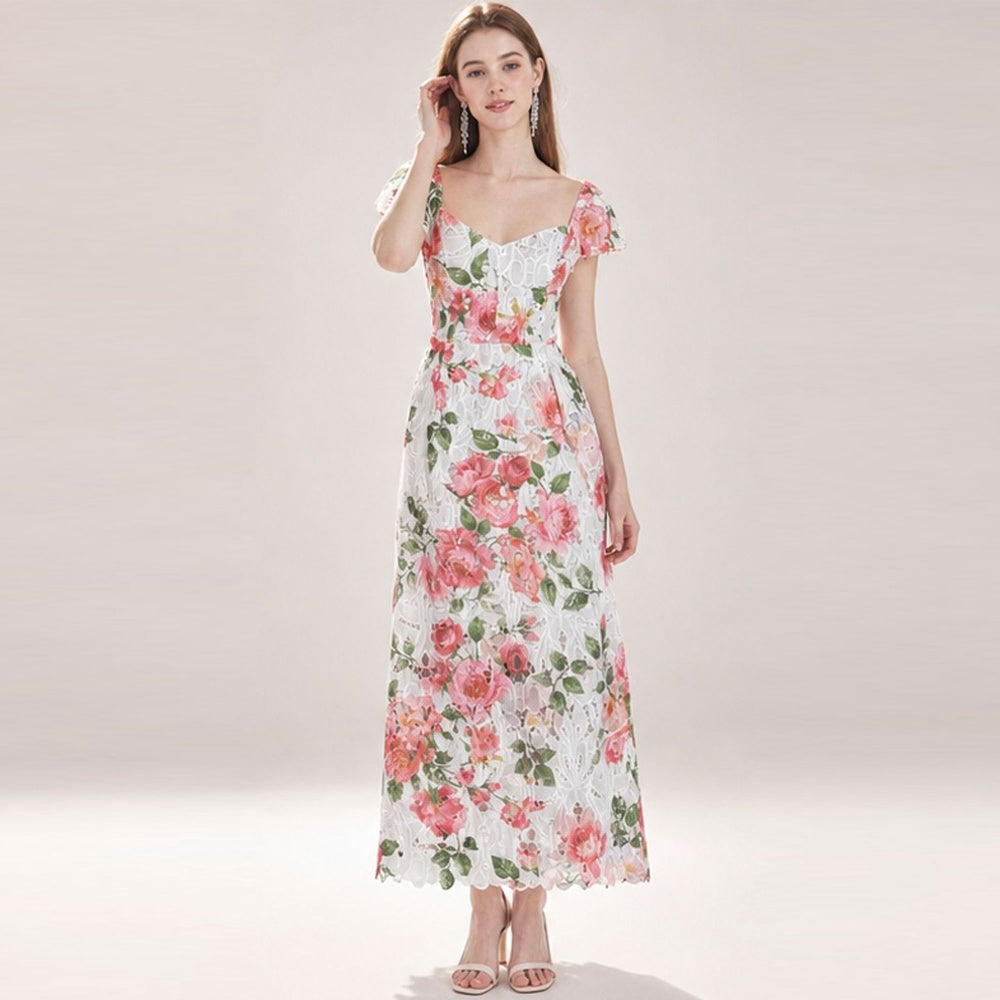 CM-DY074285 Women Elegant European Style Embroidery Square Collar Short Sleeve Floral Lace Hollow Dress