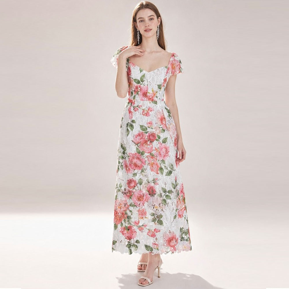 CM-DY074285 Women Elegant European Style Embroidery Square Collar Short Sleeve Floral Lace Hollow Dress