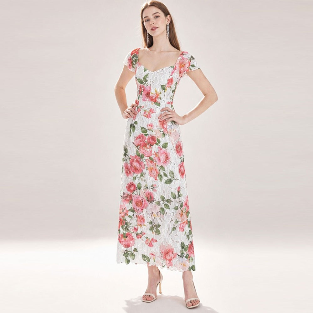 CM-DY074285 Women Elegant European Style Embroidery Square Collar Short Sleeve Floral Lace Hollow Dress
